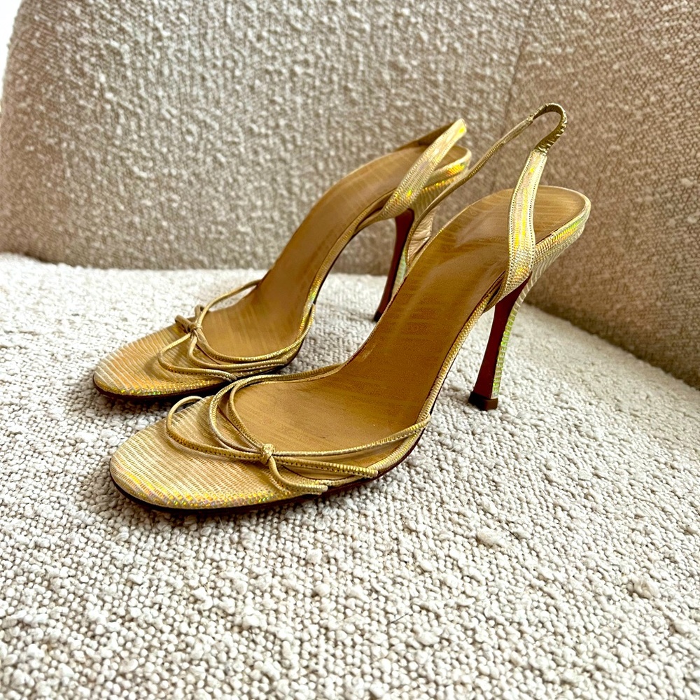 Jimmy Choo Gold Shimmer Sling Back Heels - Sz 40.